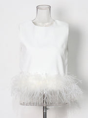 Fashion Round Collar Feather Cropped Vest Top