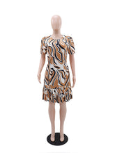 Casual Round Neck Print Slim Pleated Midi Dress