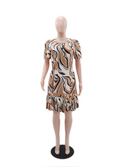 Casual Round Neck Print Slim Pleated Midi Dress
