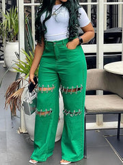 Casual Chain Patchwork Hollow Out Straight Jeans