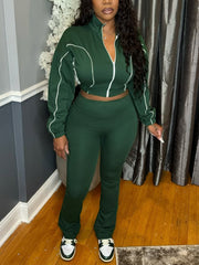 Zipper Cropped Flared Pants Casual Two Piece Sets