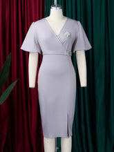 Fashion V-Neck Lantern Sleeve Bodycon Slit Dress