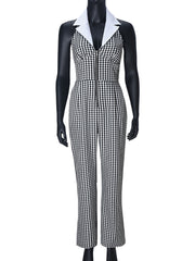 Fashion Plaid Lapel Backless Halter Jumpsuit