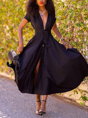 Sexy Deep V Lace-up Button Down Swing Dress