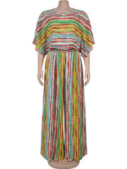 Stripe Print O Neck Half Sleeve Wide Leg Pants Set
