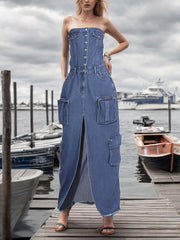 Fashion Slit Fitted Cargo Denim Tube Dress