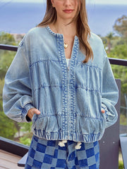 Casual Round Collar Loose Smocked Crop Denim Jacket