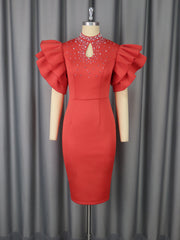 Elegant Ruffle Sleeve Bodycon Party Evening Midi Dress