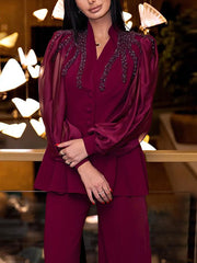 Mesh Patchwork Rhinestone High Waist Trousers Sets