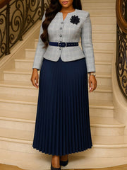 Plaid Print Long Sleeve Top And Pleated Skirt Sets