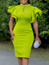 Fashion Beaded Ruffle Sleeve Evening Dress