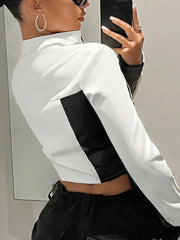 Fashion Faux Leather Color block Zip Up Crop Jacket
