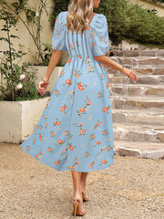 Elegant Floral Print Lantern Sleeve Slim-Fit Dress