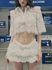 Fashion Lace Hollow out Crop Tops Short Skirt Sets
