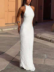 Elegant Halter Backless Textured Bodycon Dress