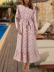 Elegant Round Neck Floral Print Slim Midi Dress