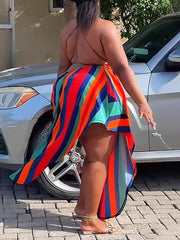 Sexy Low-Back Print Halter Lace-Up High-Slit Maxi Dress