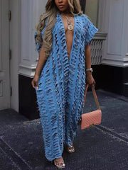 Sexy Deep V Loose Ripped Denim Jumpsuit