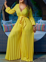 Elegant V Neck Pleated Wide Leg Jumpsuit