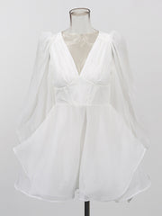 Elegant V Neck Puff Sleeve Ruffle Party Mini Dress