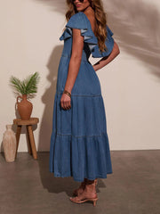 Off Shoulder Ruffle Tiered Casual Denim Dress