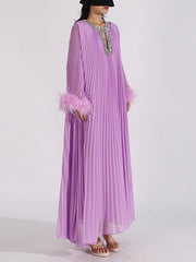 Round Neck Nail Bead Feather Cuffs Pleated Maxi Dress