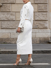 Elegant Embellished Blazer High Waist Long Skirt Set