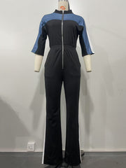 Casual V-neck Short Sleeve Zipper Jumpsuit