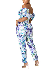 Fashion Print Off-shoulder Crop Top Pants Sets