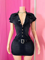 Fashion Belt Stretch Slim Denim Dress