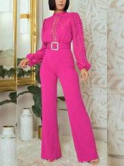 Elegant Lace Patchwork Long Sleeve Belted Jumpsuit