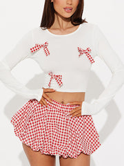 Casual Bowknot Crop Top Plaid Bubble Skirt Sets