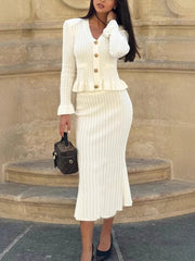 Ruffled V-neck Top Flared Skirt Knit Matching Set