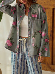 Casual Floral Print Loose Denim Shacket Jacket