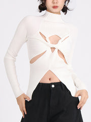 Fashion Round Neck Crisscross Hollow Out Knit Sweater