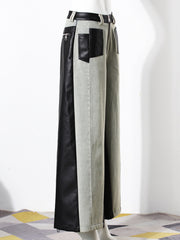 Denim Patchwork PU Leather Wide Leg Jeans
