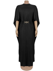 Fashion Belted Gathered Cape-Sleeve Maxi Dress