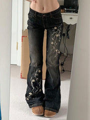 Fashion Low Rise Floral Embroidery Flared Pants Jeans