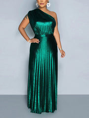 Skew Collar Sleeveless Pleat Dress
