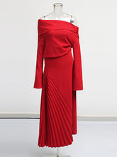 Boutique Oblique Shoulder High Slit Pleated Maxi Dress