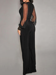 Elegant V Neck Mesh Long Sleeve Wide Leg Jumpsuit