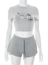 Casual Letter Print Crop Top Shorts Two Piece Set
