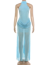 Sexy Halter Backless Ruched Fringe Maxi Dress
