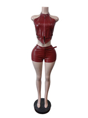Fashion PU Halter Backless Top And Shorts Sexy Set