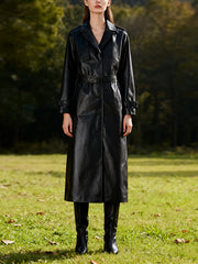 Vintage Belt PU Leather Trench Coat