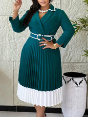 Fashion Full Sleeve Notched Neck High Waist Midi Dress