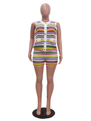 Casual Colorblock Striped Knit Sleeveless Shorts Sets