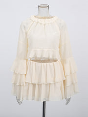 Sexy Ruffle Sheer Mesh Shirt And Mini Skirt Set