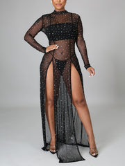 Sexy Sheer Mesh Rhinestone Maxi Slit Dress