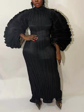 Plus Size Pleated Lantern Sleeve Slim Maxi Dress